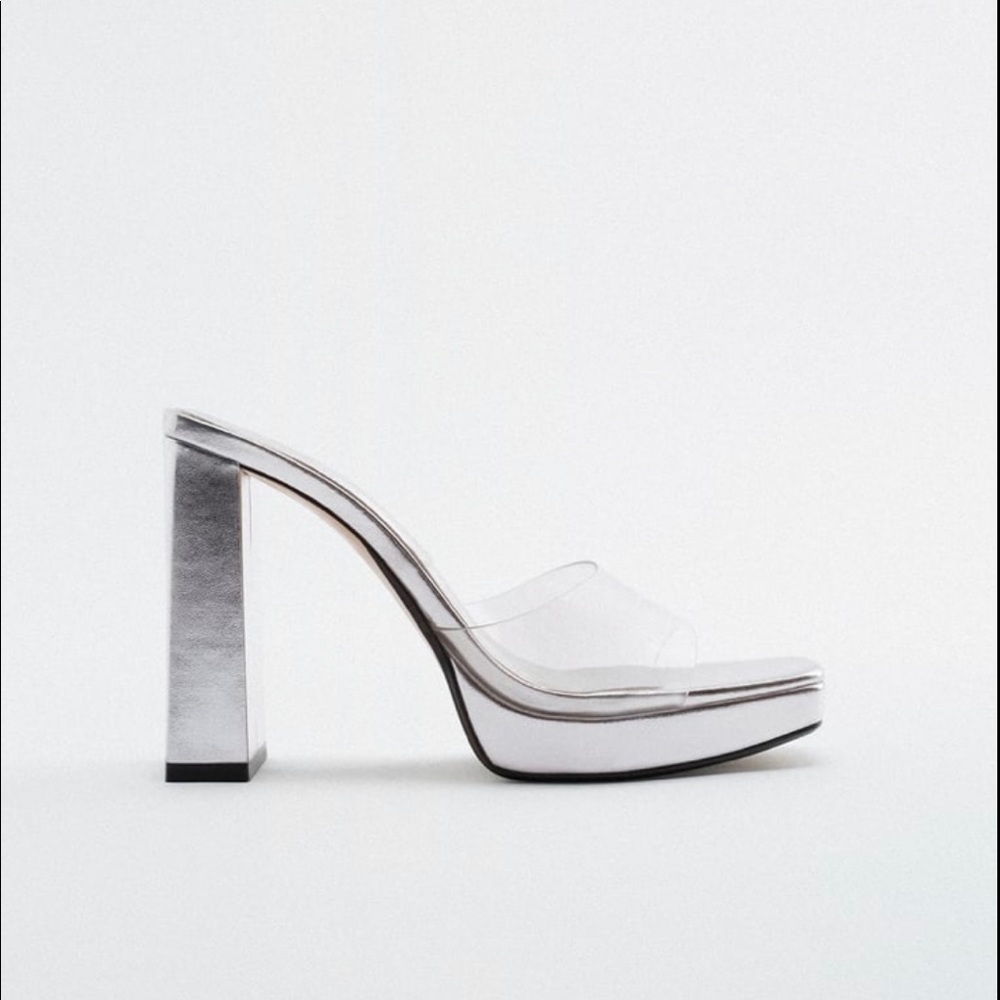 ZARA PLATFORM SILVER MULE HEELS